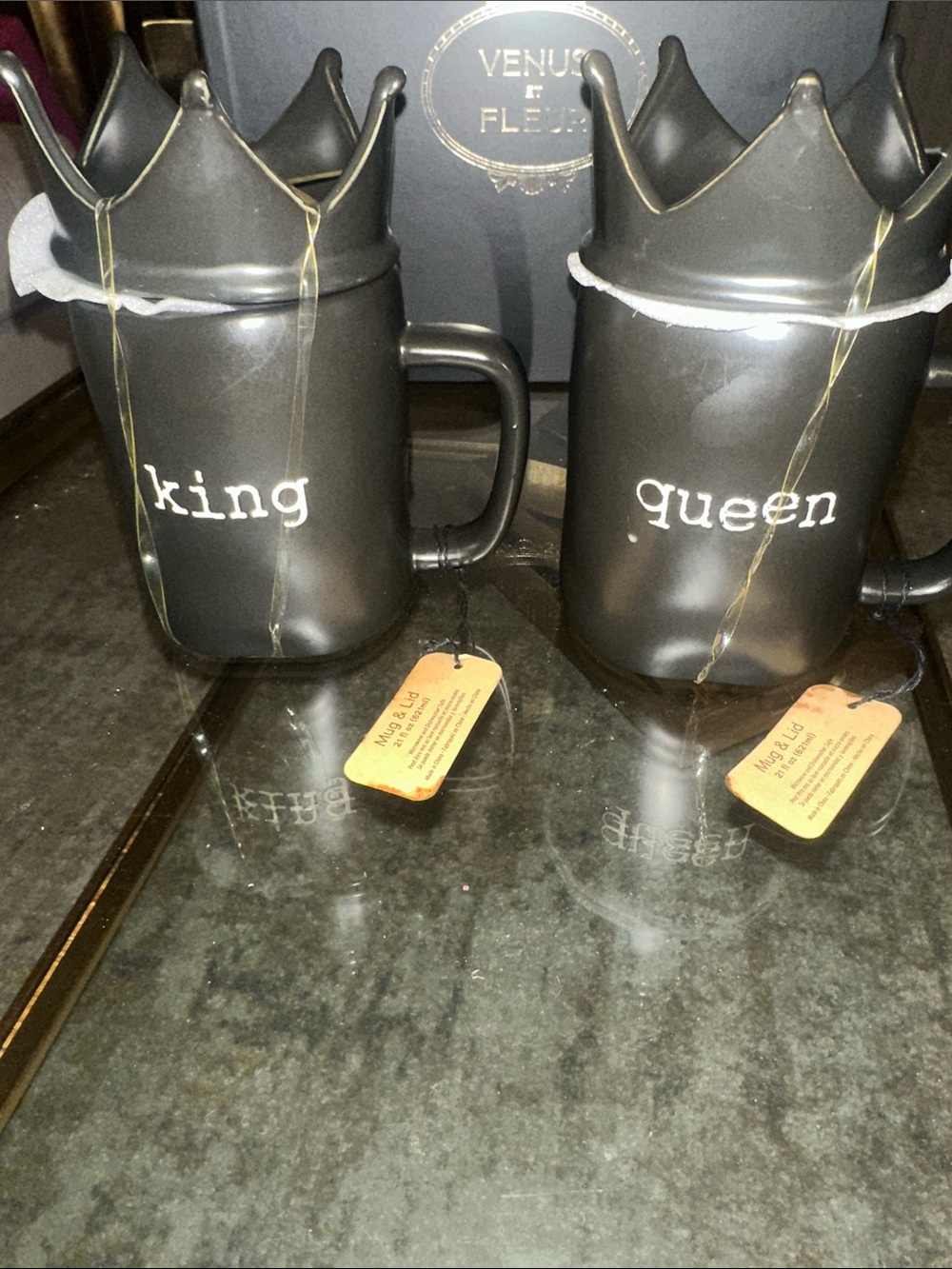 King & Queen Matte Black Ceramic Crown Mugs by